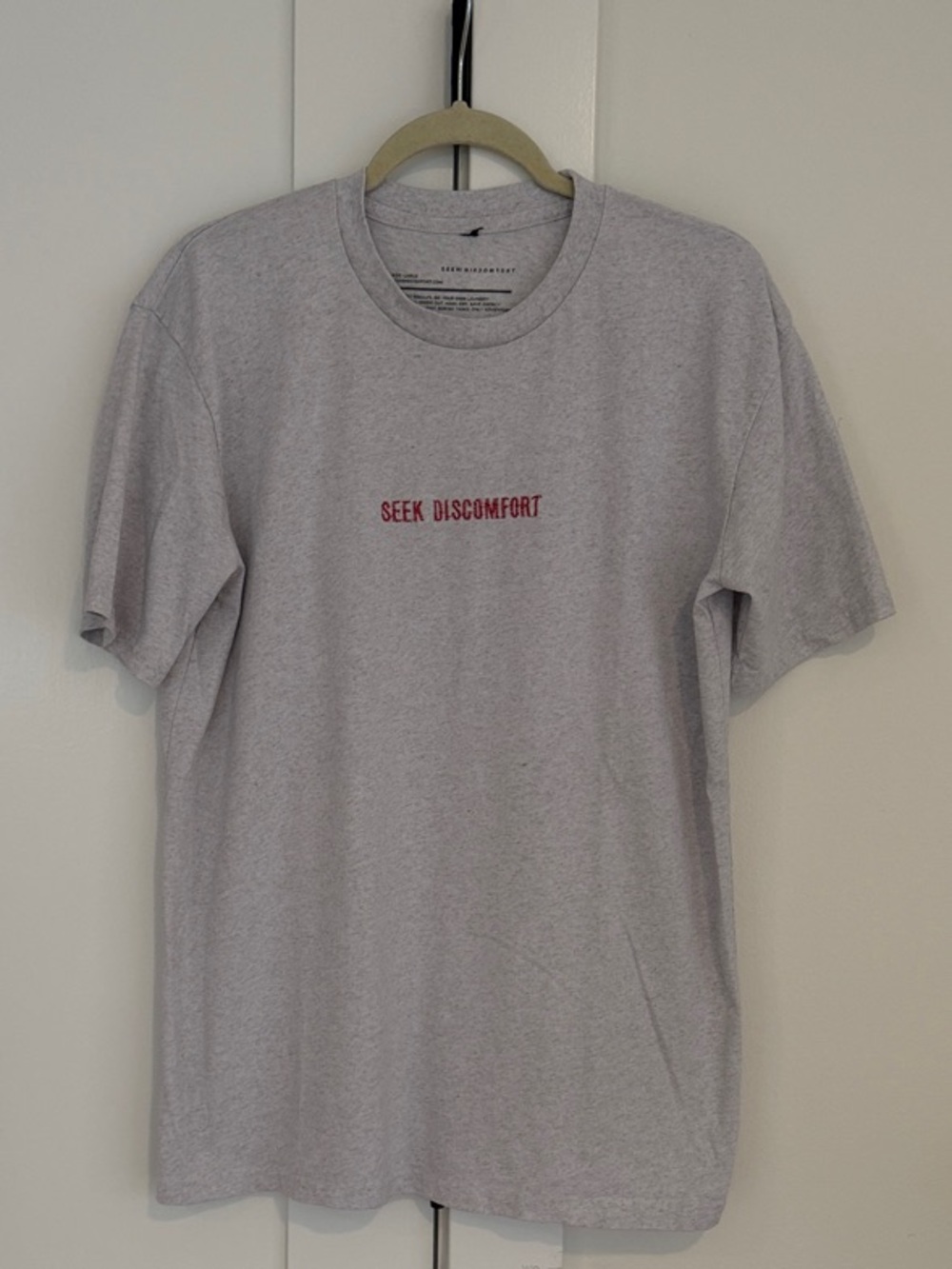 Seek Discomfort "Yes Theory" Unisex Embroidered Tee in Grey | Size Large